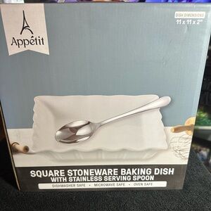 White Stoneware Baking Dish with Stainless Spoon